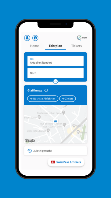 Printscreen der ZVV-App Fahrplanseite