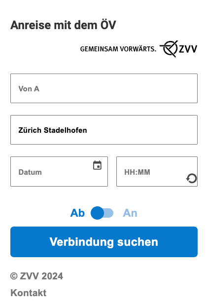 Das ZVV Online-Fahrplan Widget ermöglicht die einfache Integration von Fahrplaninformationen in Webseiten. Nutzer können Verbindungen in Echtzeit suchen, indem sie Start- und Zielort, Datum sowie Uhrzeit eingeben. Ideal für Unternehmen, die ihren Kunden direkten Zugang zu ÖV-Informationen bieten möchten.