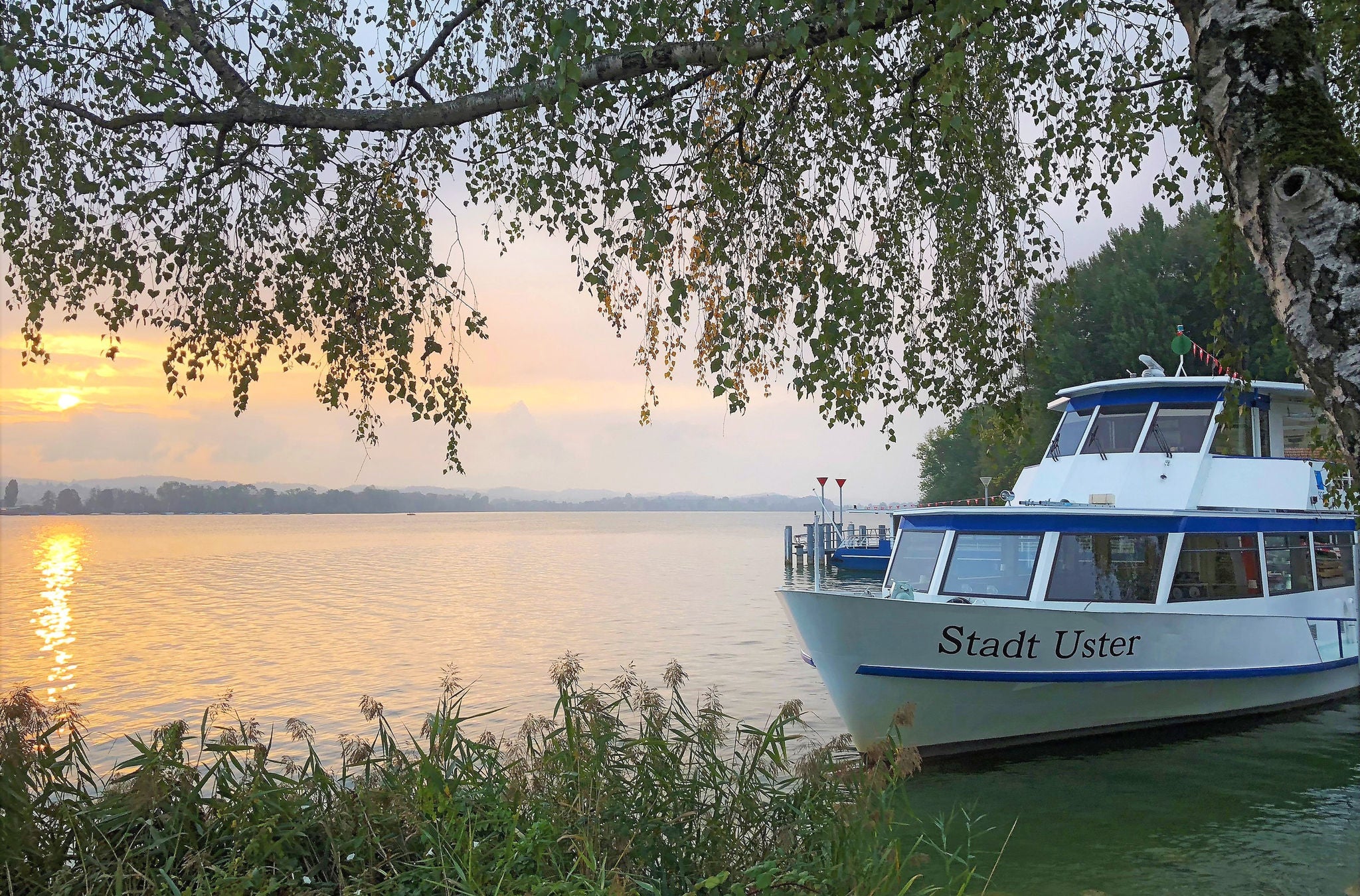 Schiff «Stadt Uster» der Schifffahrts-Genossenschaft Greifensee bei Sonnenuntergang