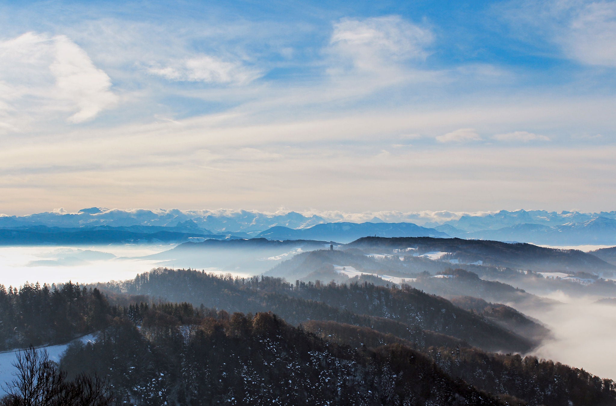 Blick auf den schneebedeckten Uetliberg im Winter