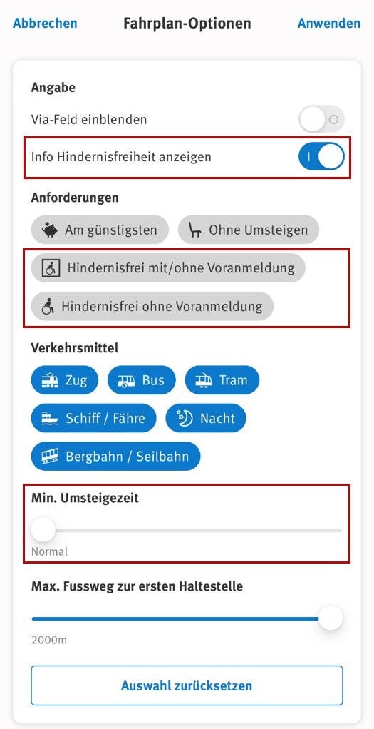 Filteroptionen für hindernisfreies Reisen in der ZVV-App (Apple)