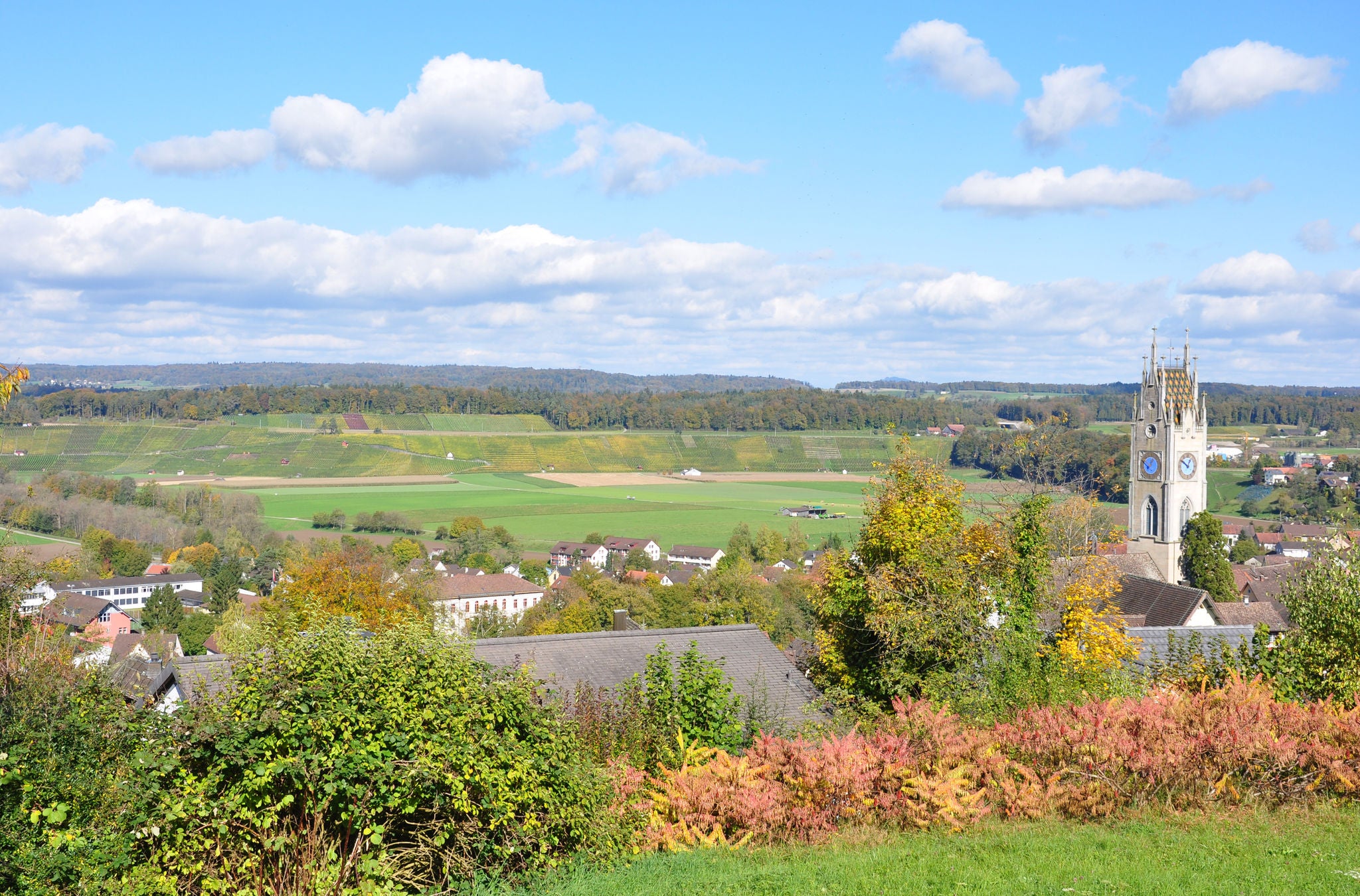 Weitaufnahme eines Dorfes umgeben von viel Natur