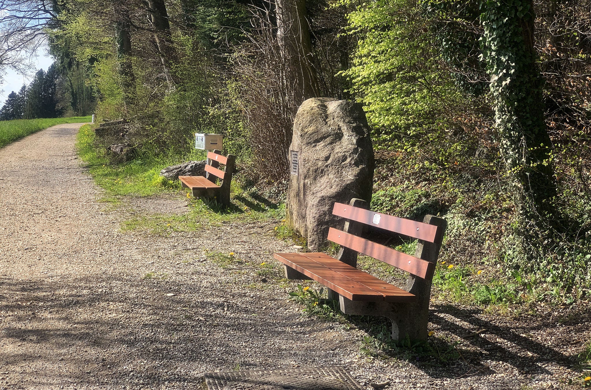 Zwei leere rote Bänke am Jakob Ess Weg