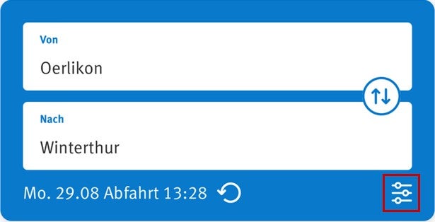 Screenshot des Abfragefensters in der ZVV-App (Apple)